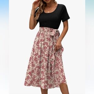 Floral Print Women's Midi Dress with Tie
